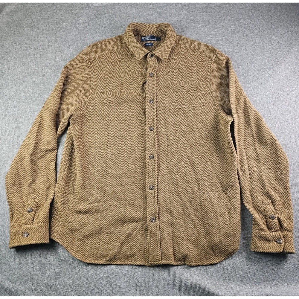 Vintage Polo Ralph Lauren Herringbone Wool Flannel Button Up Shirt XL Brown